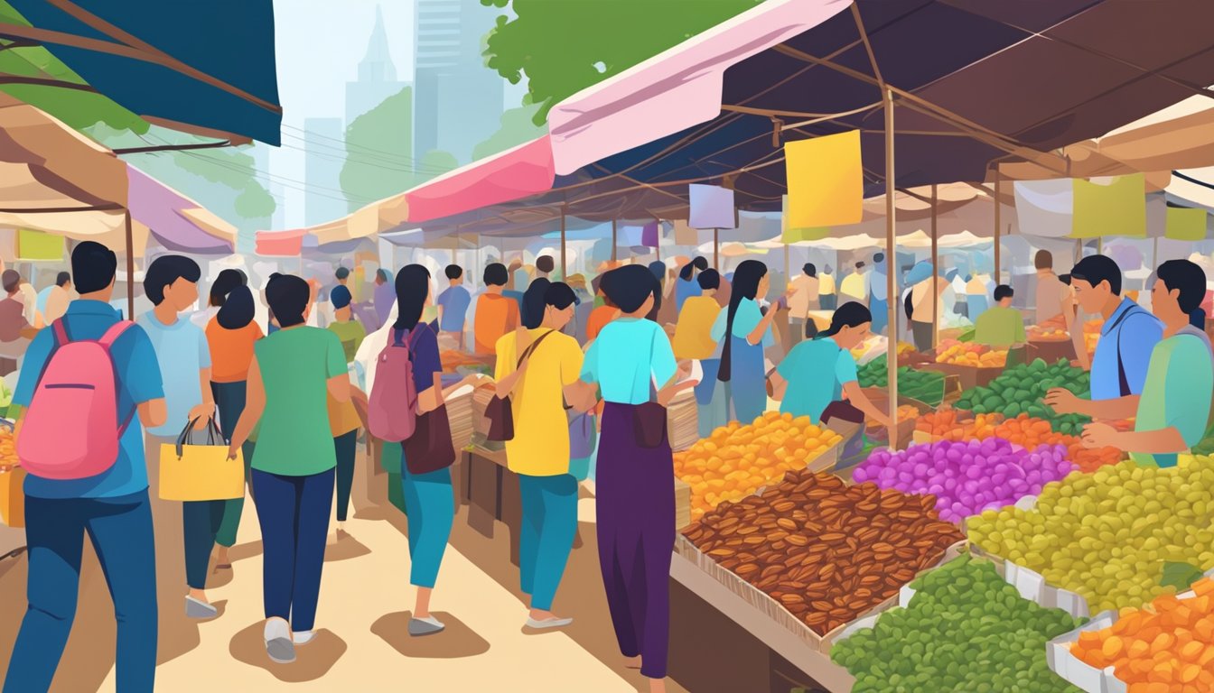 A bustling marketplace with colorful stalls selling dates in Singapore. Shoppers browsing and vendors arranging their products