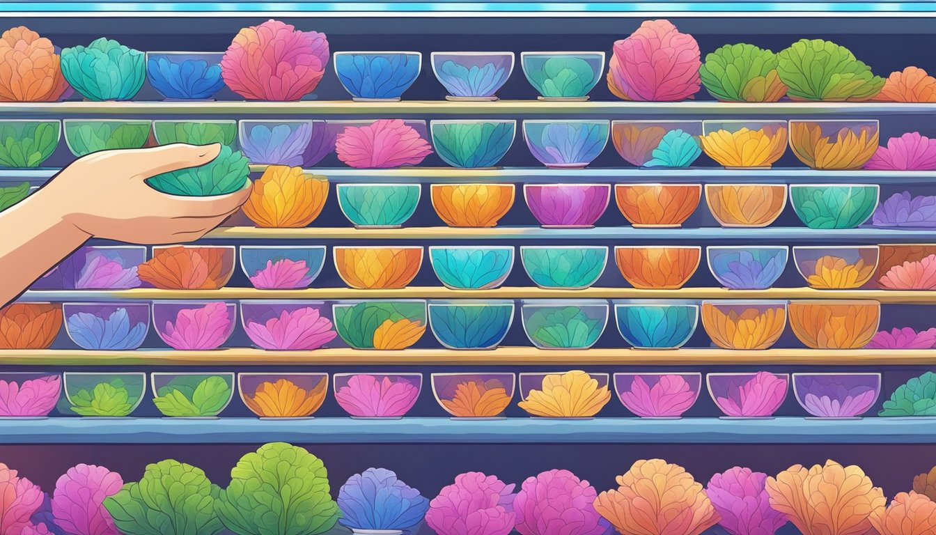 A hand hovers over rows of colorful betta fish in small cups at a pet store in Singapore, carefully selecting the perfect one to take home