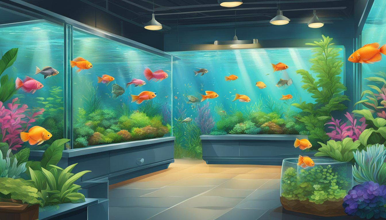 A bustling aquarium store in Singapore showcases vibrant, healthy fighting fish in various tanks, surrounded by lush aquatic plants and colorful decor