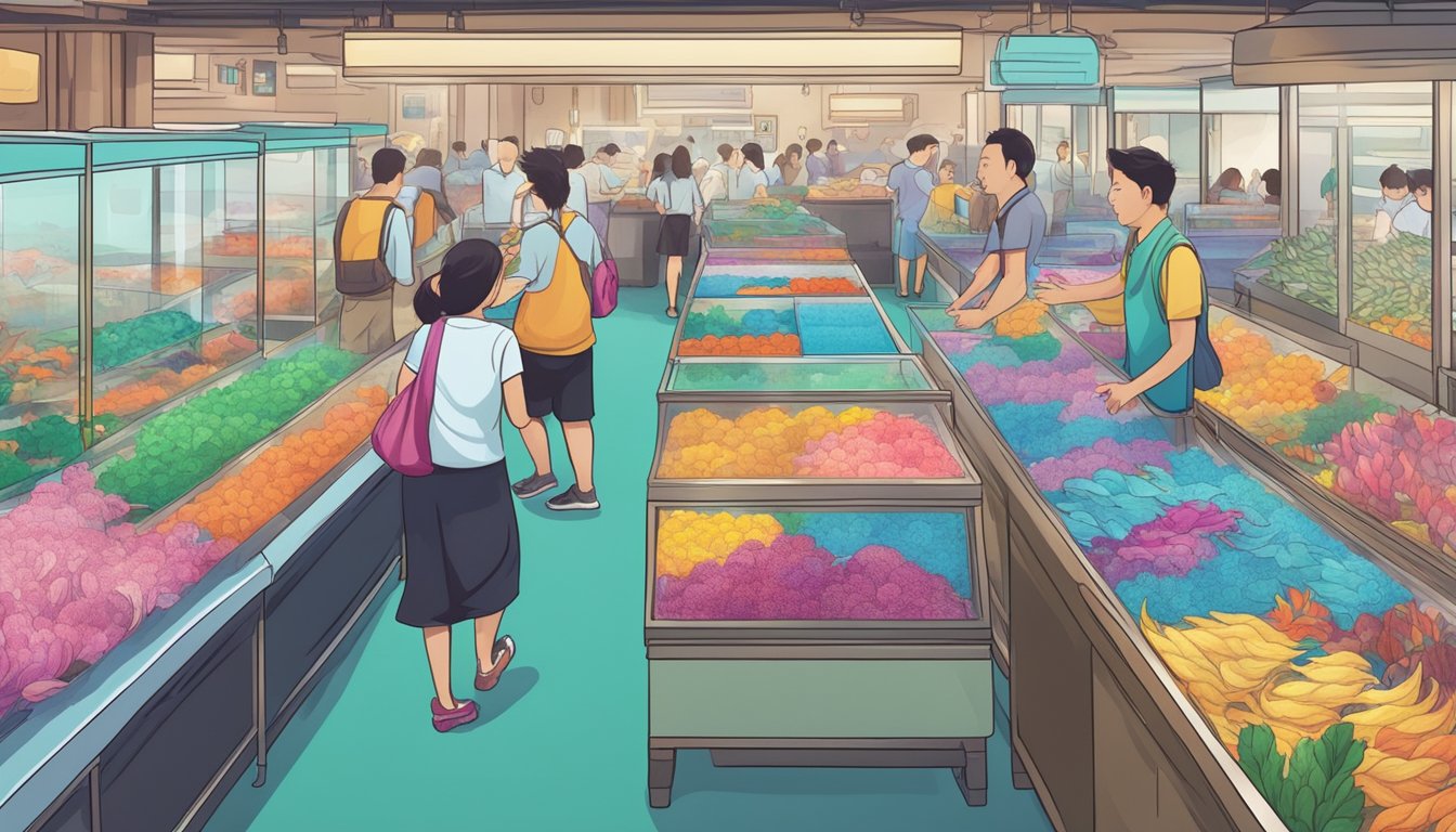A bustling Singapore market with rows of colorful fighting fish tanks and eager customers seeking their perfect pet