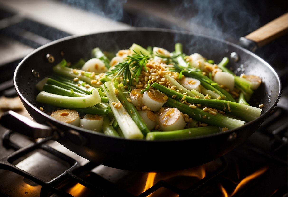 Leeks sizzle in a hot wok with garlic, ginger, and soy sauce. Steam rises as the stir-fry is tossed with precision