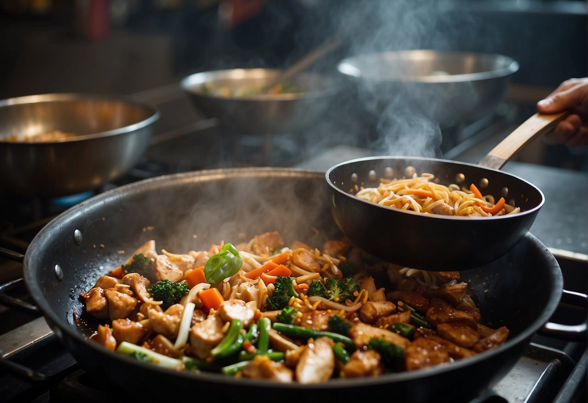 A wok sizzles as leftover chicken is stir-fried with soy sauce, ginger, and vegetables in a bustling Chinese kitchen