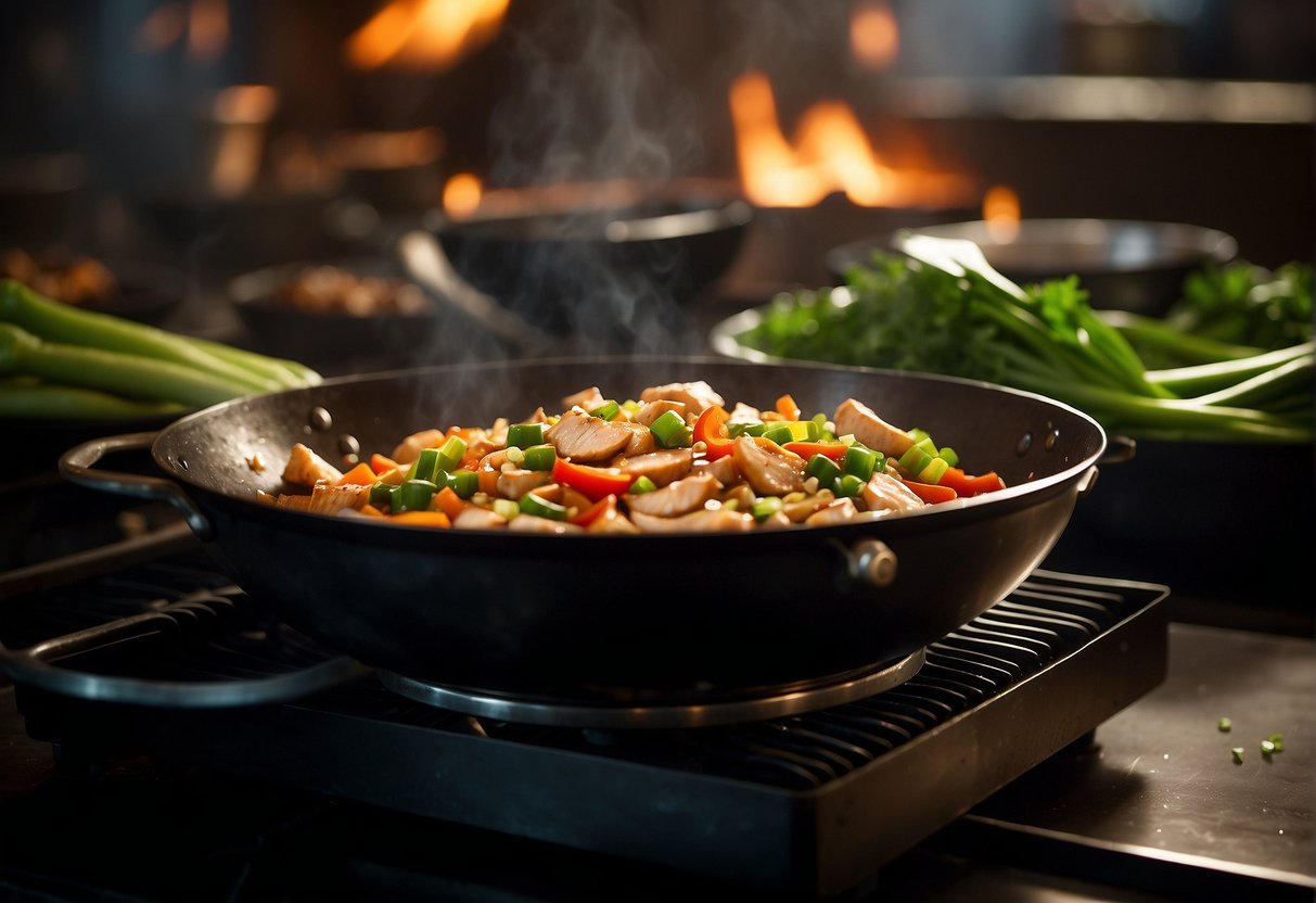 A wok sizzles with diced chicken, ginger, and garlic. Soy sauce and sesame oil add depth to the aroma as green onions and bell peppers wait to join the mix