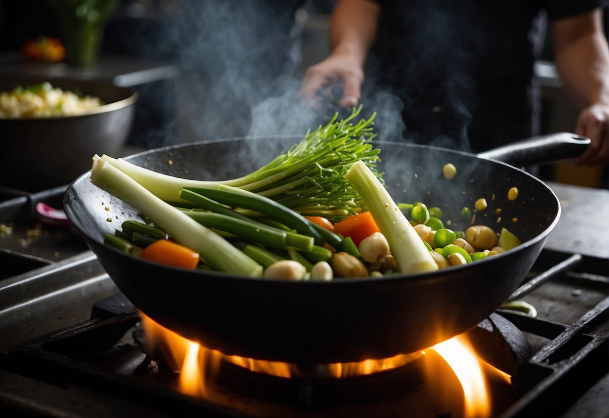 Leeks and other vegetables sizzle in a hot wok, as a chef tosses them with precision. The aroma of garlic and ginger fills the air