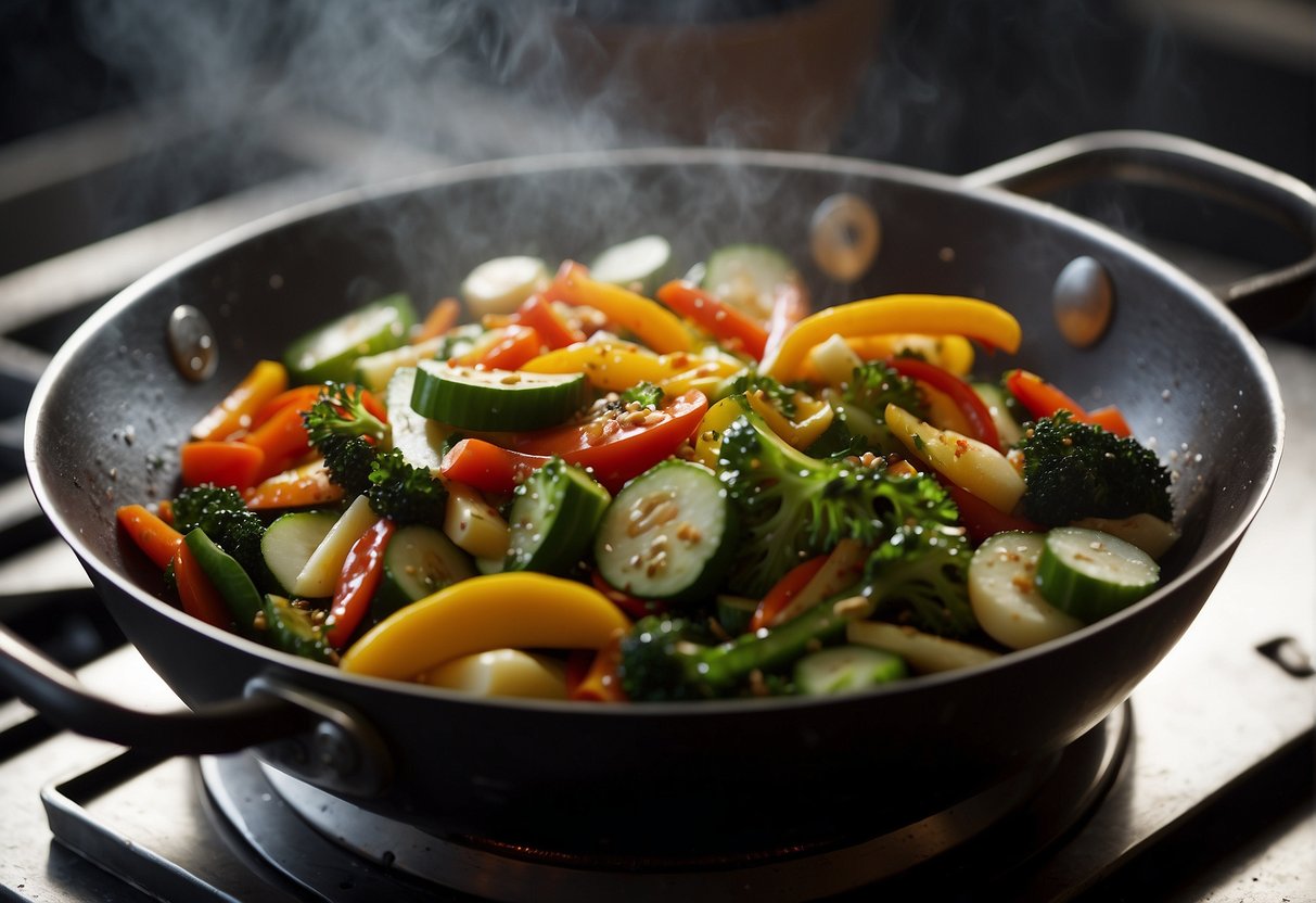 Vegetables sizzle in a hot wok as they are tossed and stir-fried with aromatic seasonings in a traditional Chinese cooking style