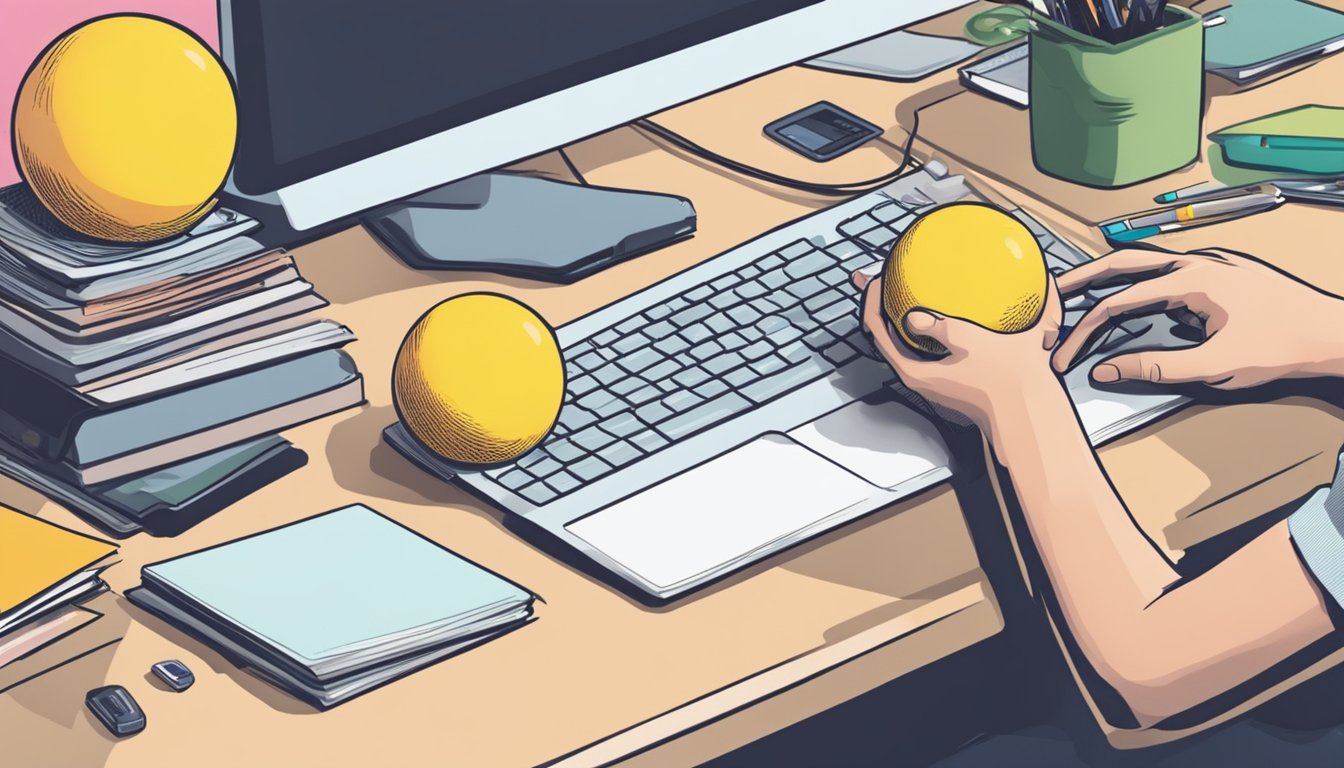 A hand reaches for a stress ball on a cluttered desk in Singapore