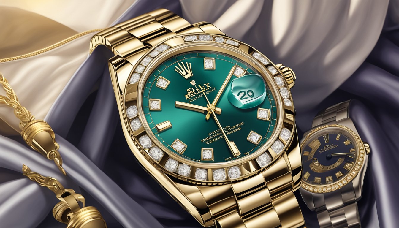 A luxurious Rolex watch displayed on a velvet cushion, surrounded by soft lighting and elegant decor