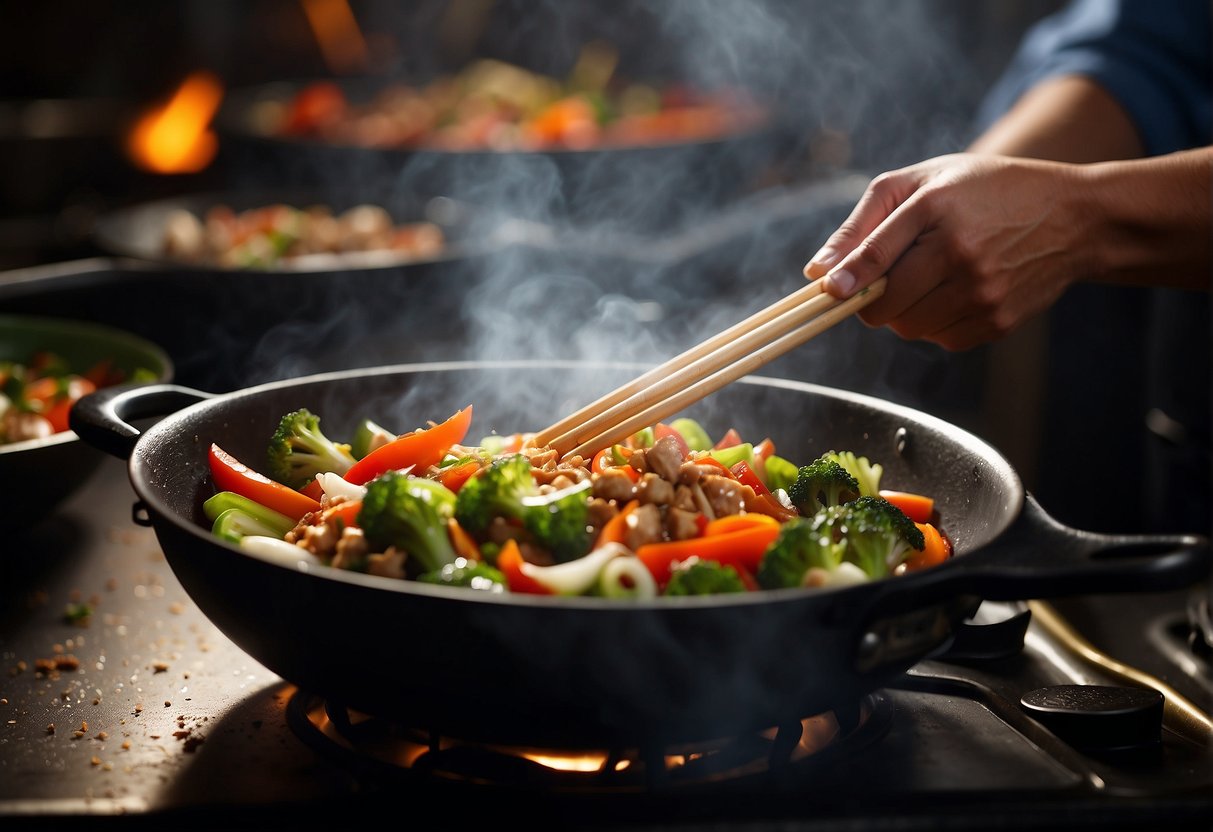 A steaming wok sizzles with stir-fried leftover chicken, vibrant vegetables, and savory Chinese spices. A chef's hand tosses the ingredients, creating a mouthwatering aroma
