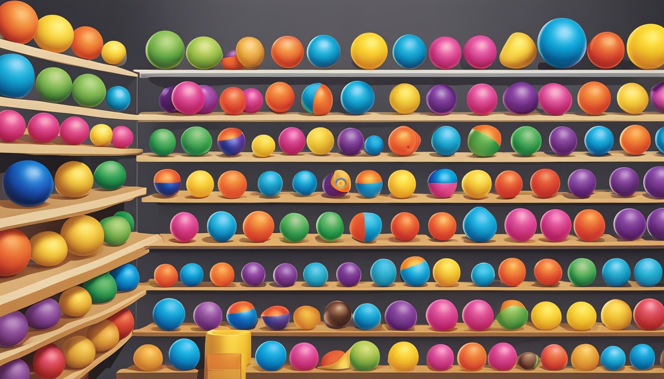 A colorful array of stress balls displayed on shelves in a Singaporean store, with various shapes and sizes to choose from