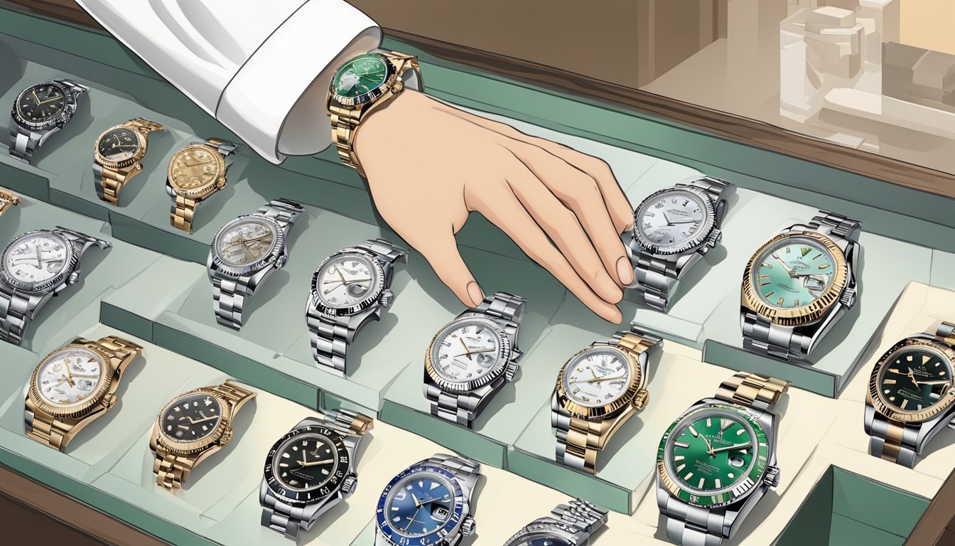 A hand reaches out to select a Rolex watch from a display of various models, each with unique designs and features