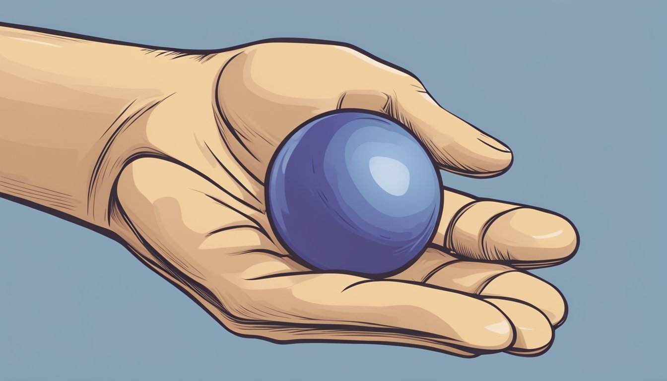 A stress ball being squeezed in a person's hand, with a look of relief on their face