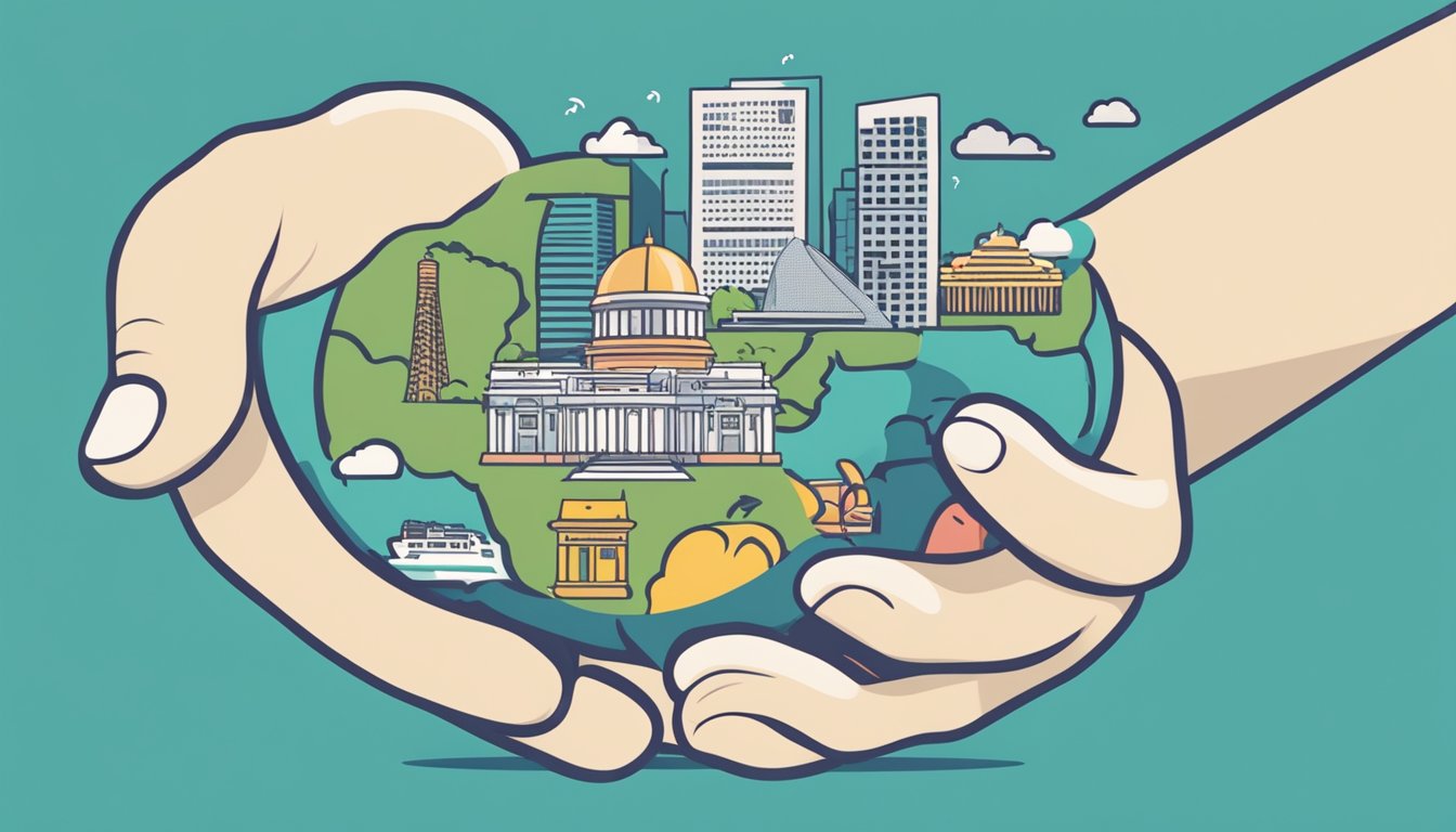 A hand holding a stress ball with "Frequently Asked Questions" printed on it, surrounded by various Singapore landmarks