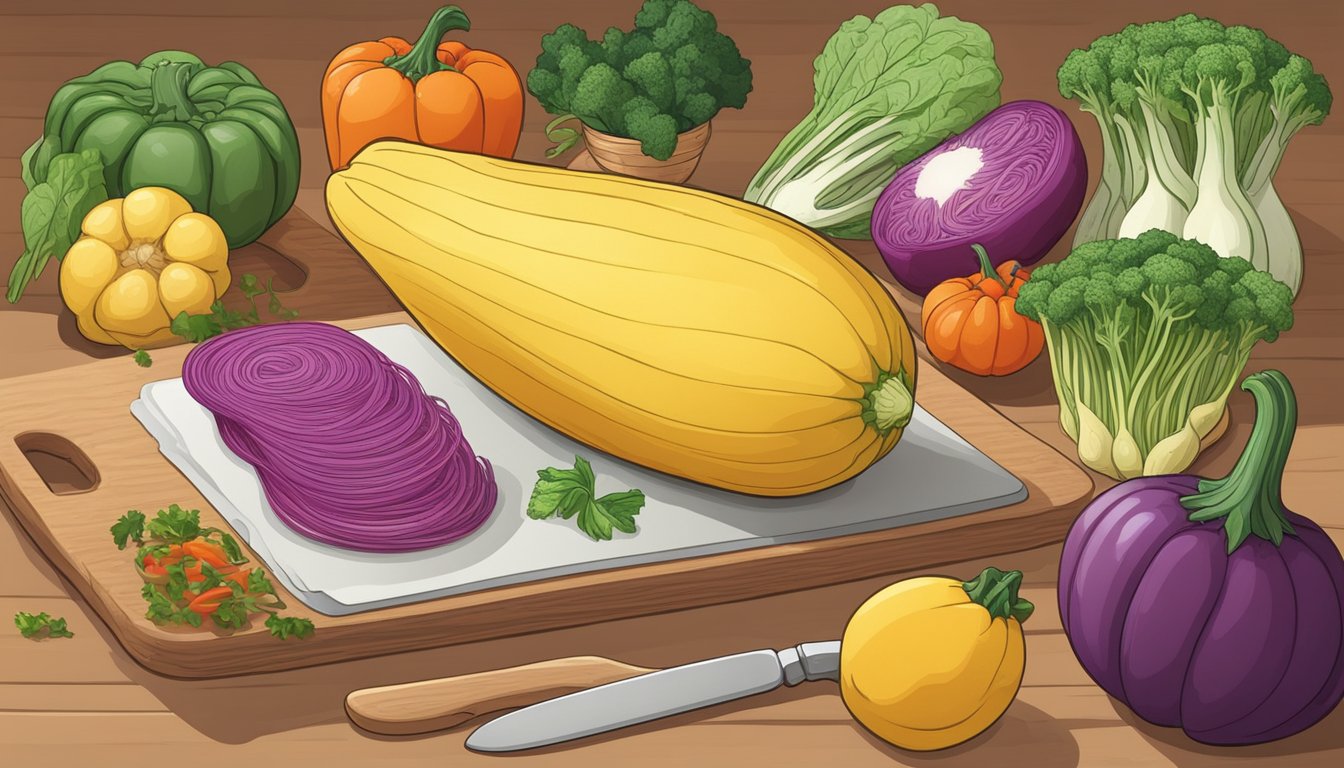A spaghetti squash sits on a cutting board, surrounded by colorful vegetables and a variety of cooking utensils. A cookbook is open to a page titled "Incorporating Spaghetti Squash into Your Meals."