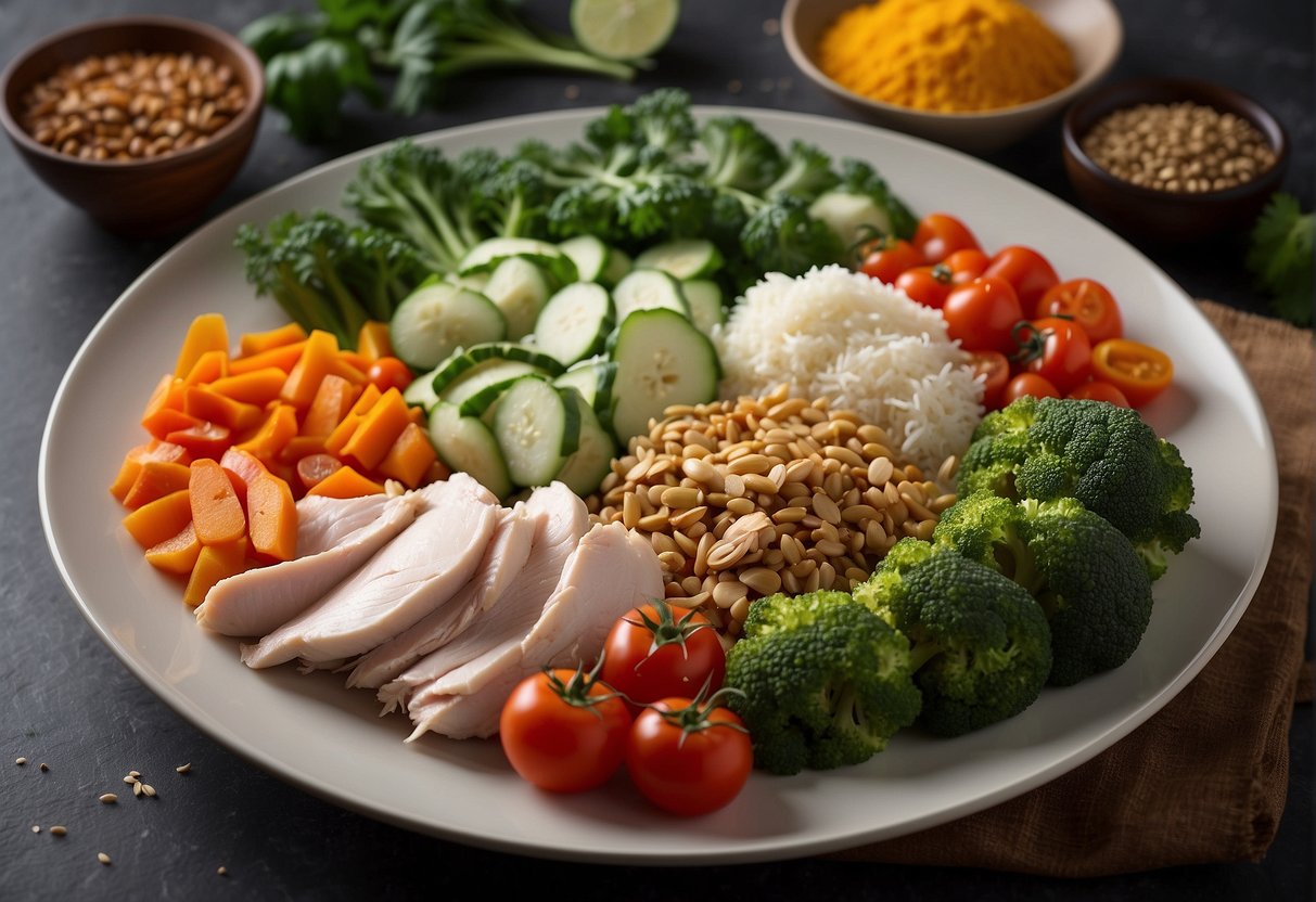 A colorful array of fresh vegetables, herbs, and spices surround a plate of leftover chicken, showcasing the diverse ingredients for creating healthy and nutritious Chinese-inspired recipes