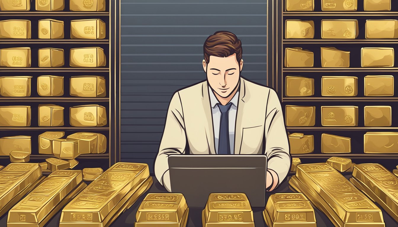 A person browsing through various online gold bar sellers, comparing prices and reviews before making a purchase decision