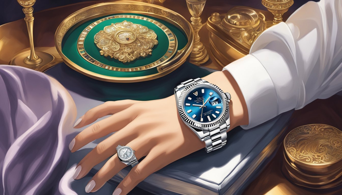 A hand reaches out to grasp a sleek, silver Rolex watch resting on a luxurious velvet cushion, surrounded by soft lighting and a backdrop of opulent decor