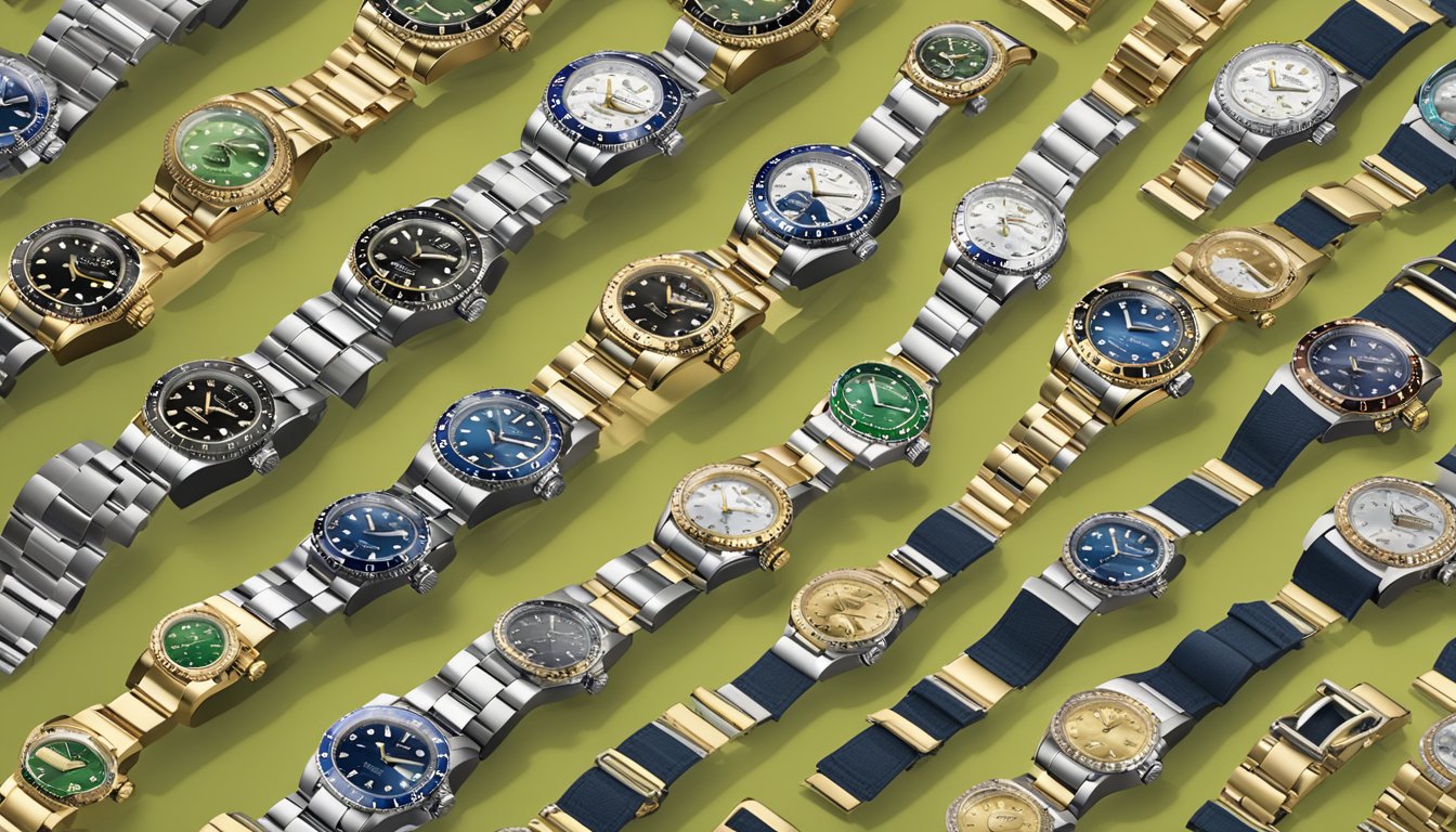 A display of various Rolex watch models with a "Frequently Asked Questions" banner in the background