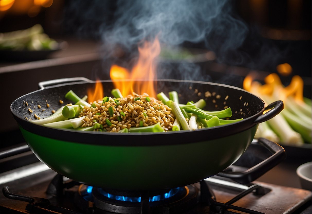 A sizzling wok filled with vibrant green leeks, sliced and stir-fried with aromatic Chinese seasonings, emitting a mouthwatering aroma