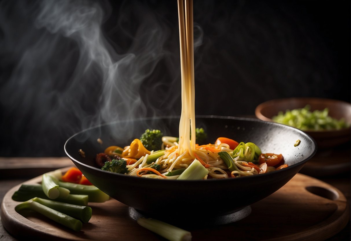 A wok sizzles as leeks and stir-fry sauce are tossed together, emitting a savory aroma. Chopsticks rest nearby, ready to serve the delicious Chinese dish