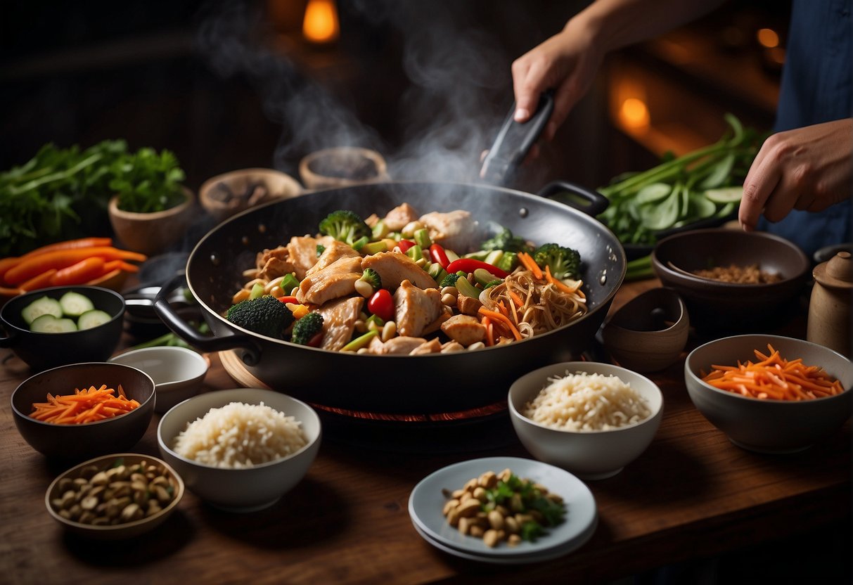 A table set with various ingredients and cooking utensils, with a steaming wok in the center, showcasing the process of preparing leftover chicken recipes with a Chinese twist for a quick and easy meal on a busy weeknight