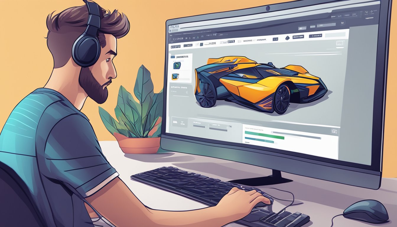 A person clicks "add to cart" on a gaming computer website. The computer screen shows a detailed product description and a "buy now" button