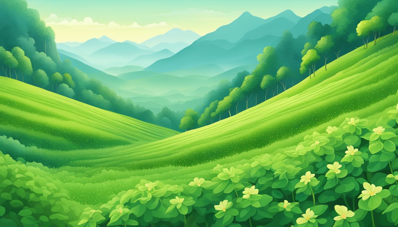 A lush green field with vibrant ginseng plants swaying in the breeze, surrounded by a backdrop of misty mountains