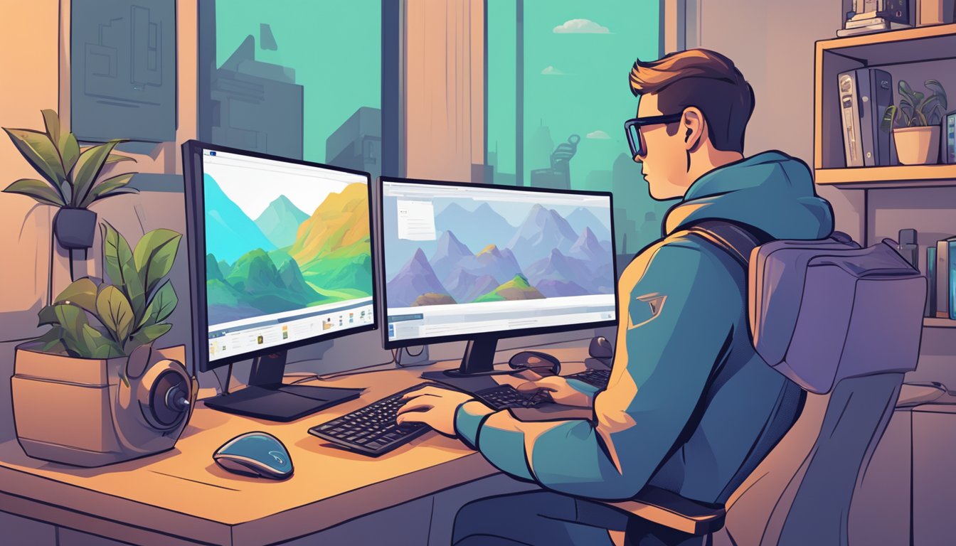 A person browsing a variety of gaming PCs online, with multiple tabs open and comparing specs, prices, and customer reviews