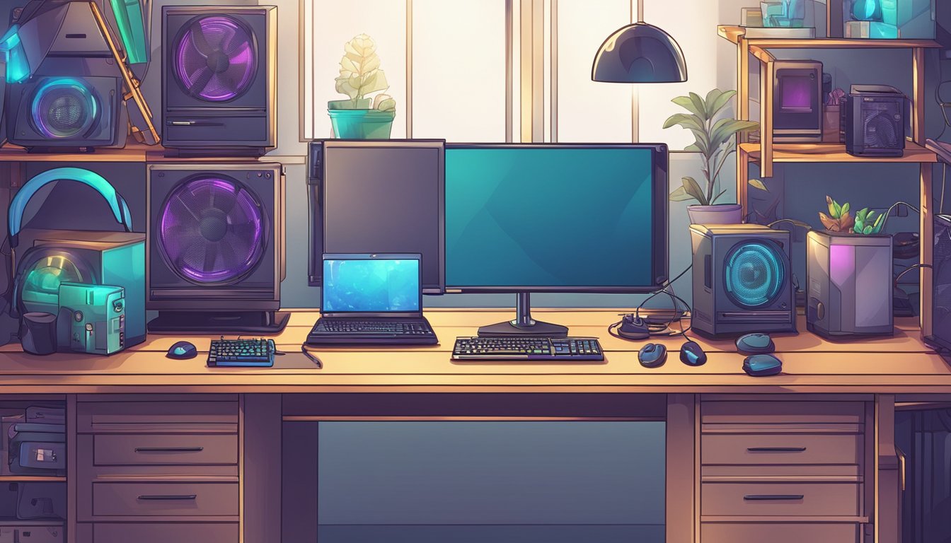 A computer screen displaying a variety of gaming PCs for sale, surrounded by gaming accessories and peripherals. Online shopping website open on the screen