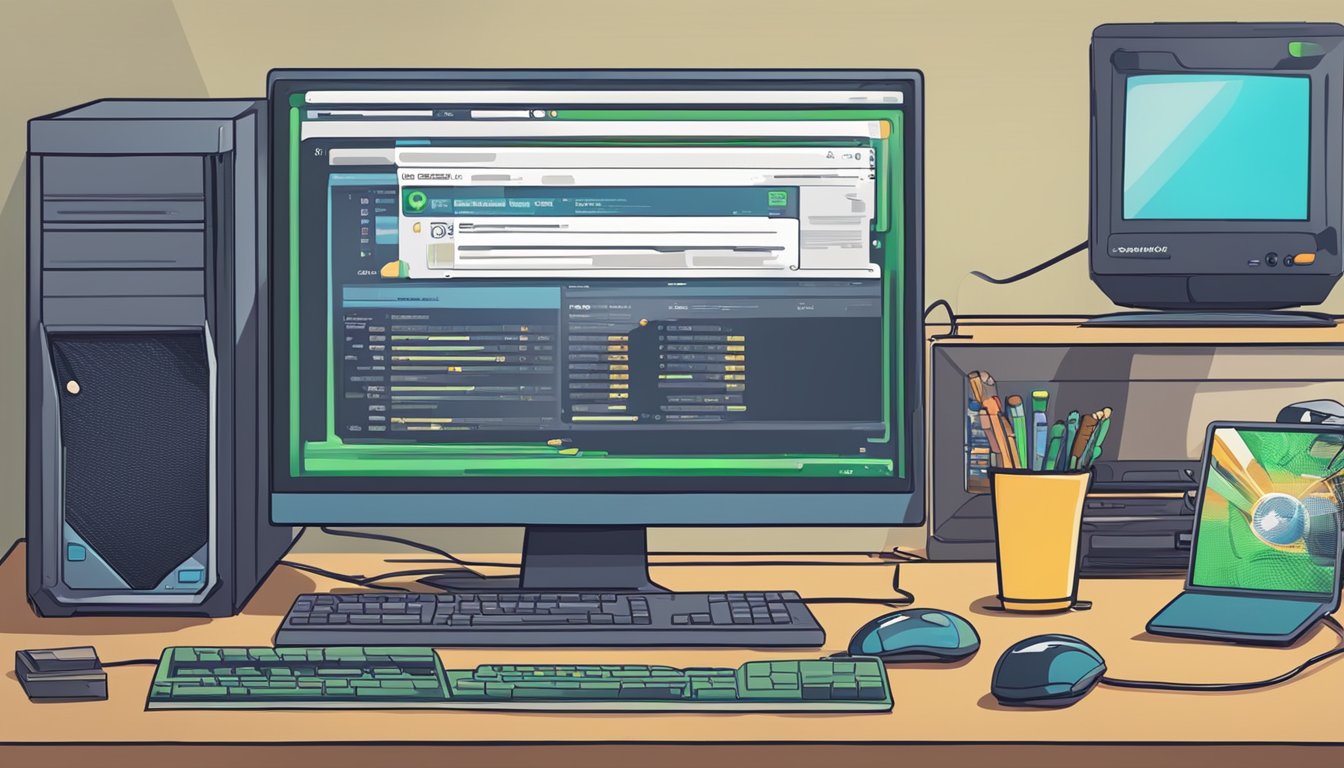 A computer screen displaying a webpage titled "Frequently Asked Questions buy gaming computer online" with a list of questions and answers, surrounded by gaming peripherals and accessories