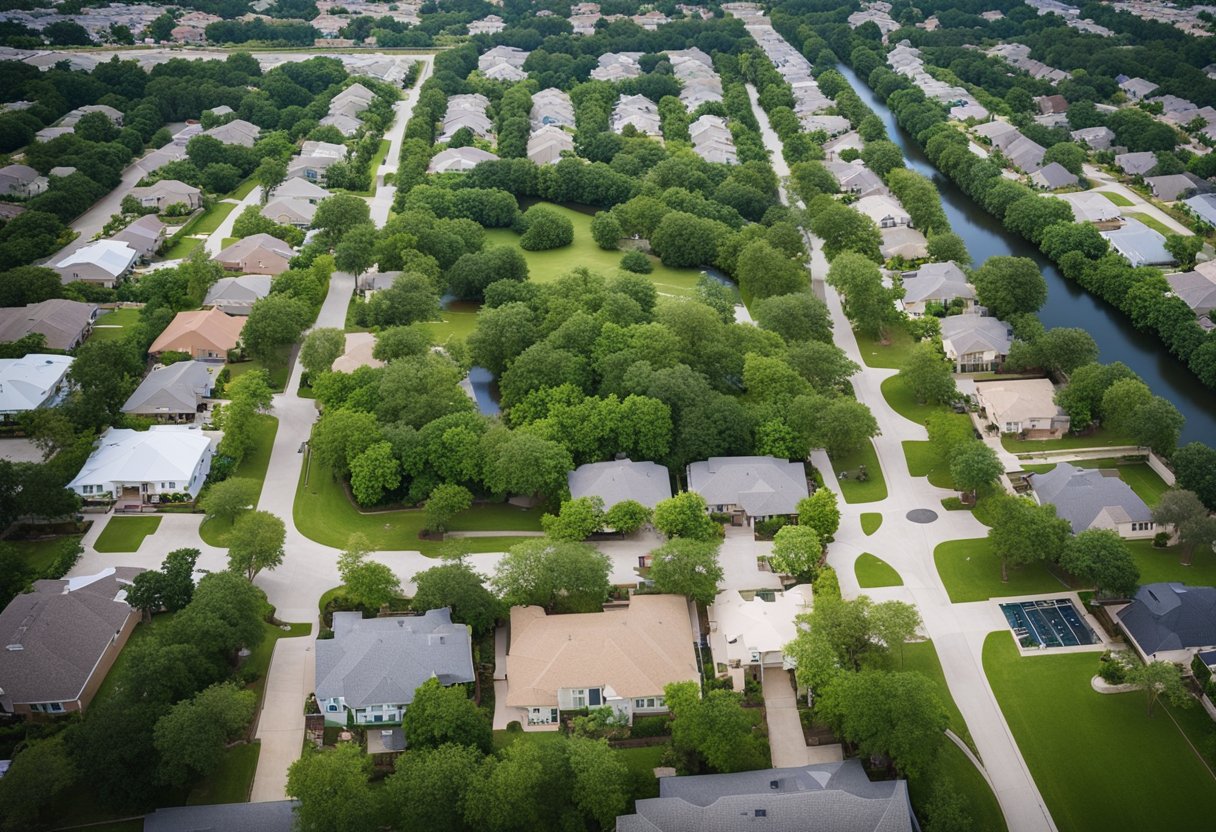 Aerial view of diverse Houston neighborhoods. Vibrant streets, modern apartments, and green parks. Busy local movers and young professionals