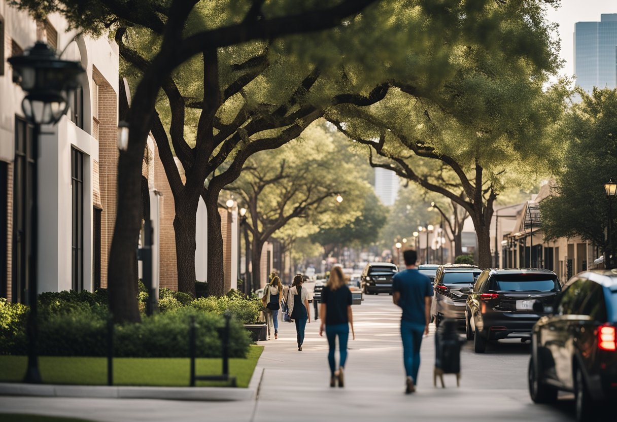 A bustling neighborhood in Houston, with modern apartments, trendy cafes, and young professionals walking along the tree-lined streets