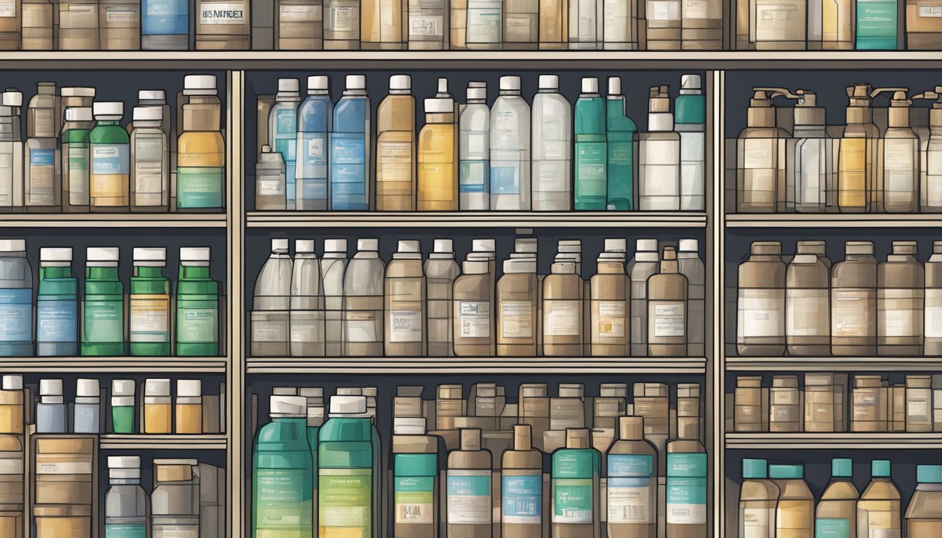 A pharmacy shelf displays hydrogen peroxide bottles in Singapore