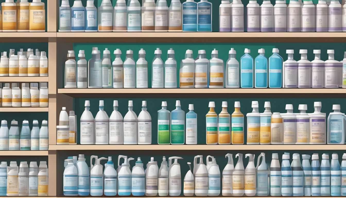 Shelves of hydrogen peroxide bottles in a well-lit Singaporean pharmacy