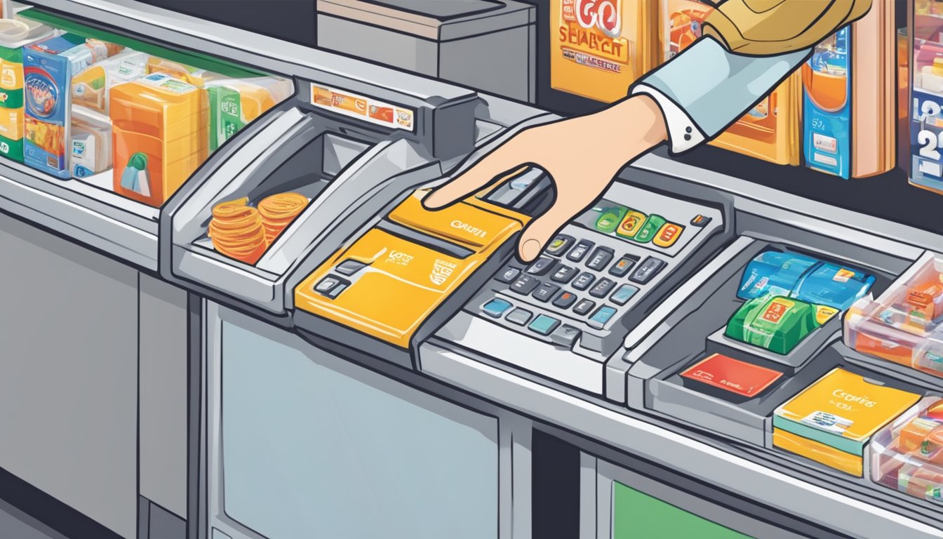 A hand reaching for a touch & go card at a Singaporean convenience store counter