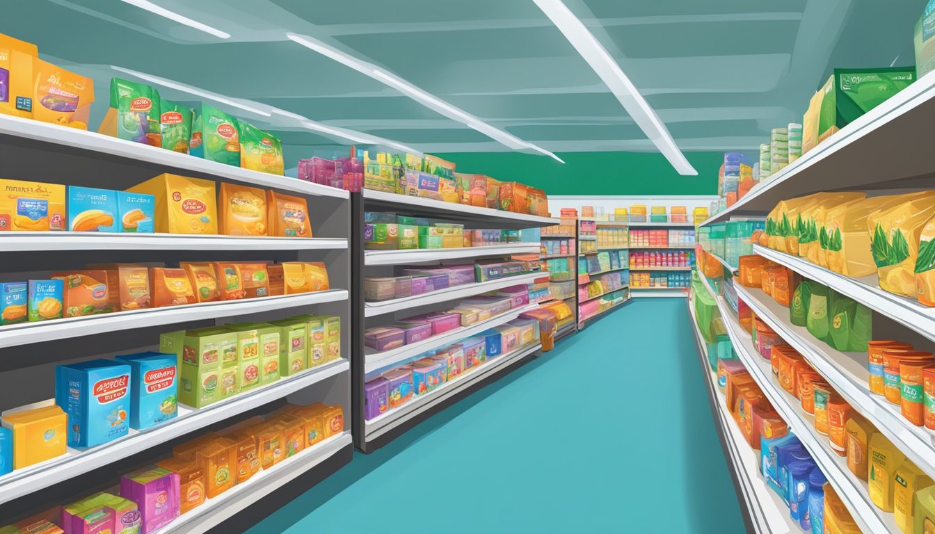 Shelves stocked with diverse products at Mustafa Singapore, including electronics, clothing, and groceries. Brightly lit aisles and colorful displays