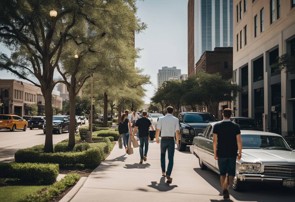 A bustling Houston neighborhood with modern apartments, trendy coffee shops, and young professionals walking to work