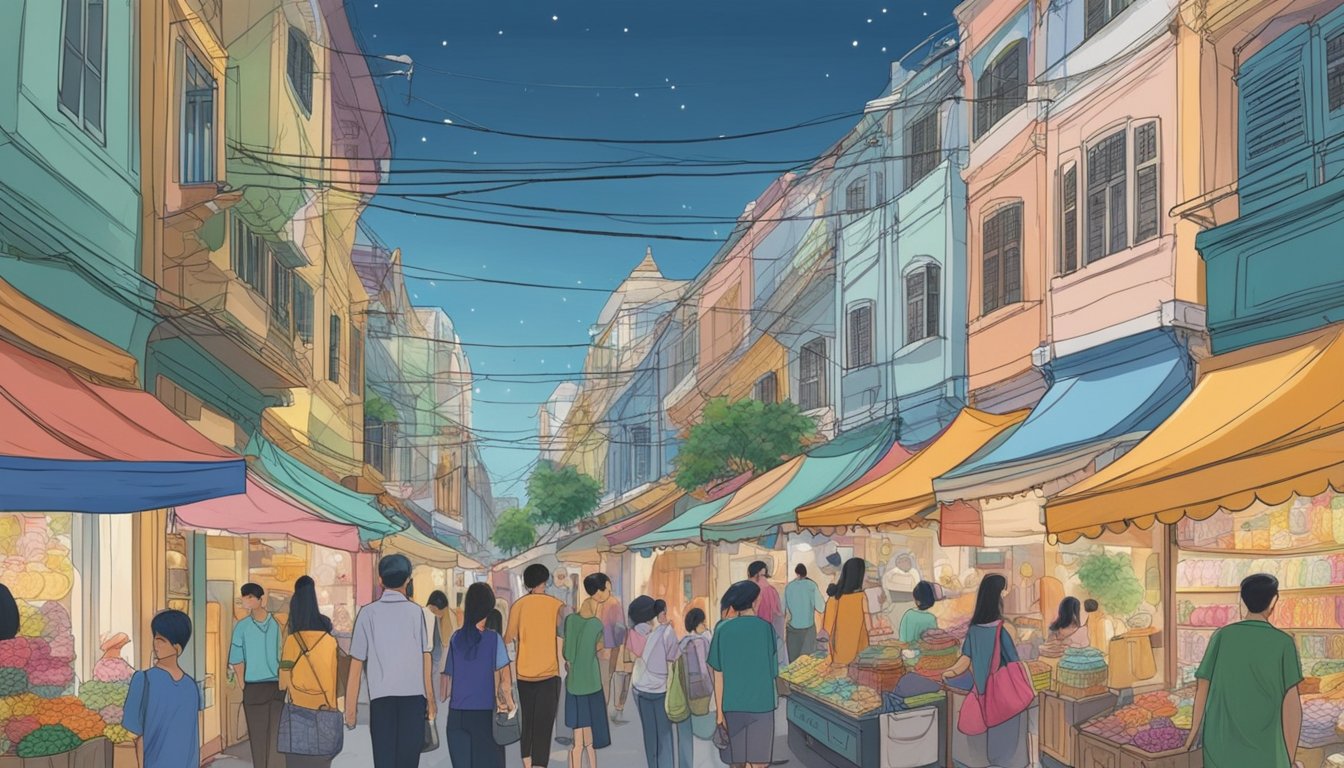 A bustling street in Singapore lined with colorful lace shops, displaying intricate designs and vibrant patterns. Customers browse through the selection, while vendors carefully arrange their delicate wares