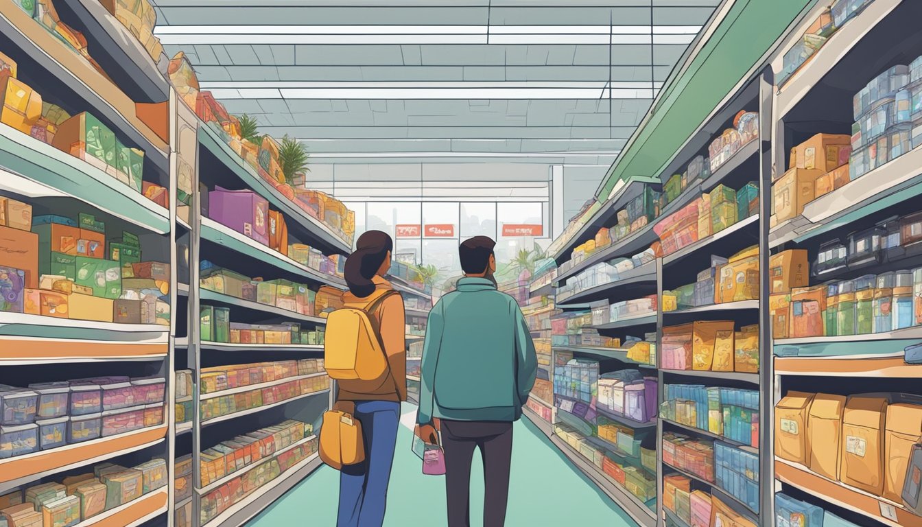 Shelves filled with diverse products at Mustafa Centre, including electronics, clothing, and groceries. Busy aisles with customers browsing
