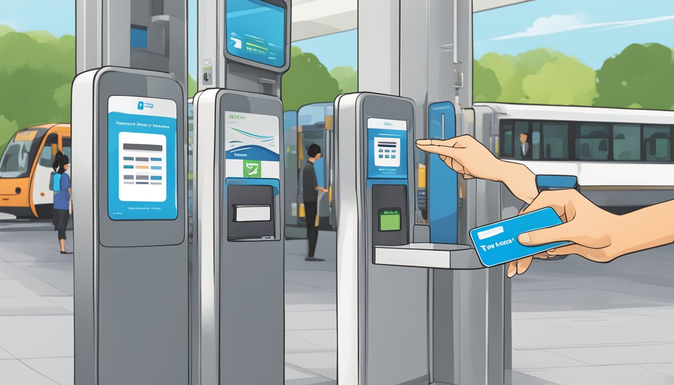 A hand reaches out to tap a touch & go card on a reader at a transportation station in Singapore. Other commuters are seen using the same cards for seamless travel