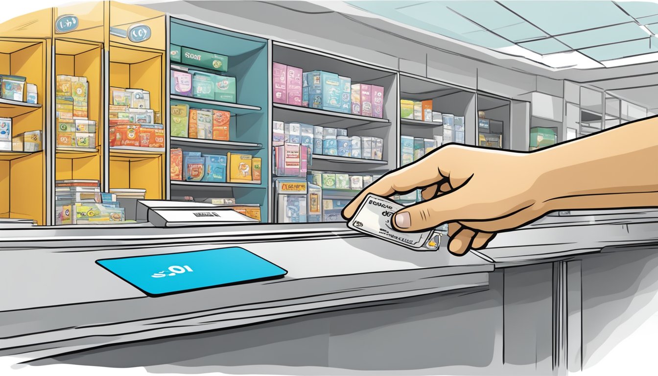 A hand reaching for a touch & go card at a Singapore store counter