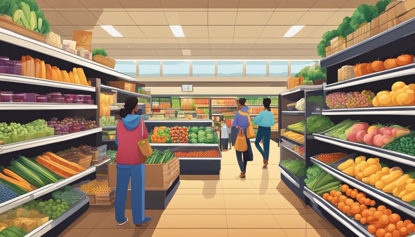 A bustling grocery store with shelves stocked with gourmet delights and fresh produce, customers browsing the aisles, and a vibrant atmosphere
