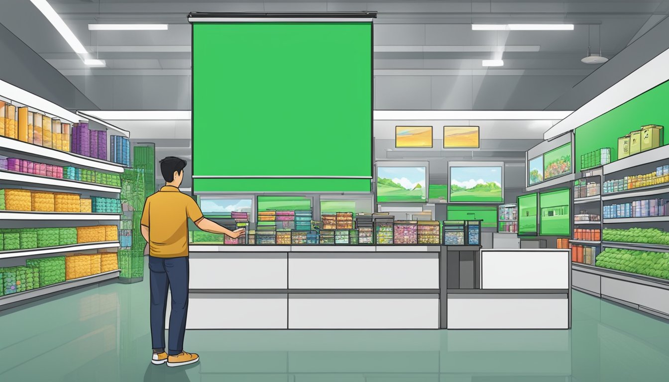 A person purchasing a green screen in a store in Singapore