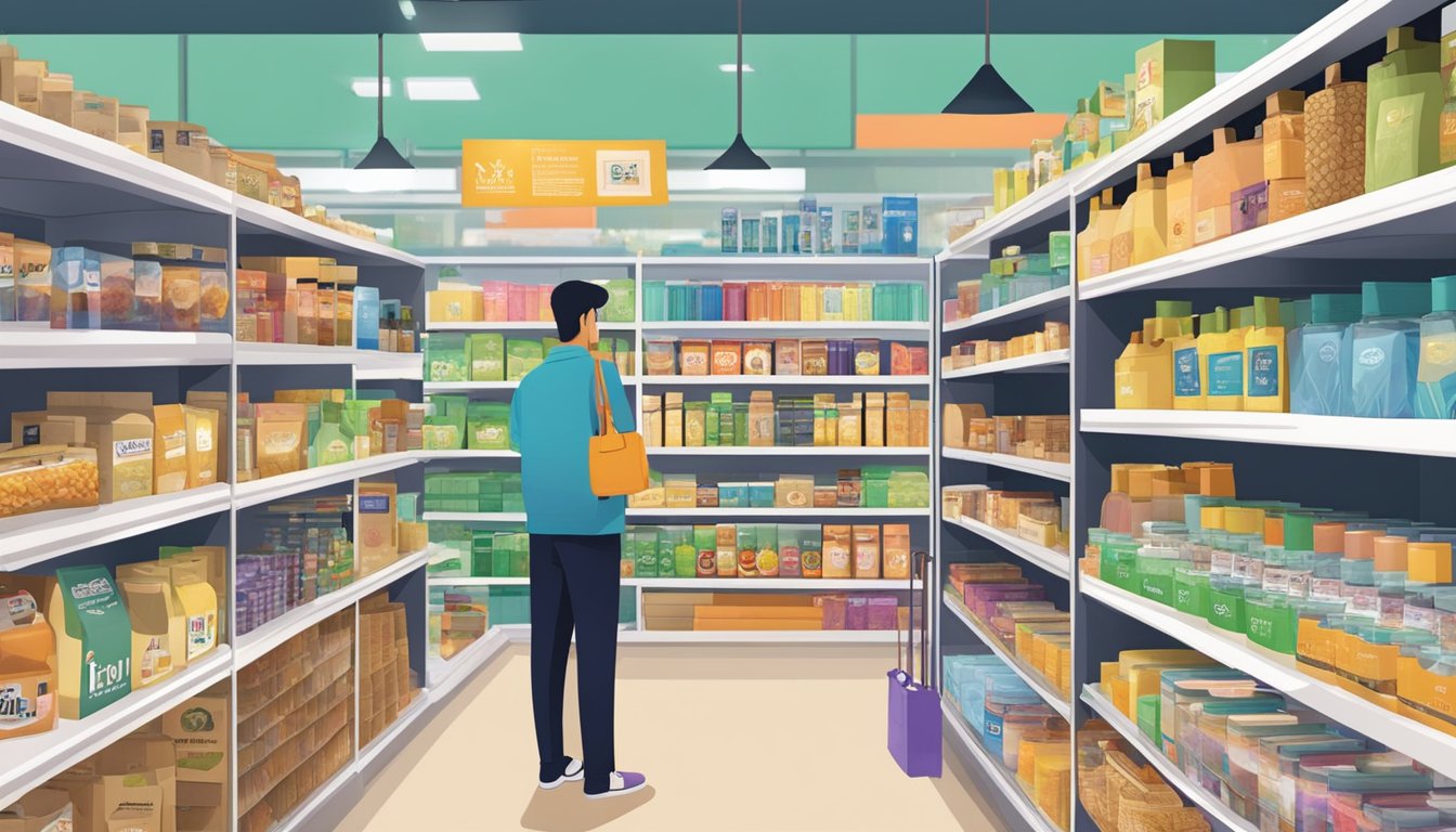 Shelves filled with diverse products at Mustafa Singapore, with customers browsing and staff assisting