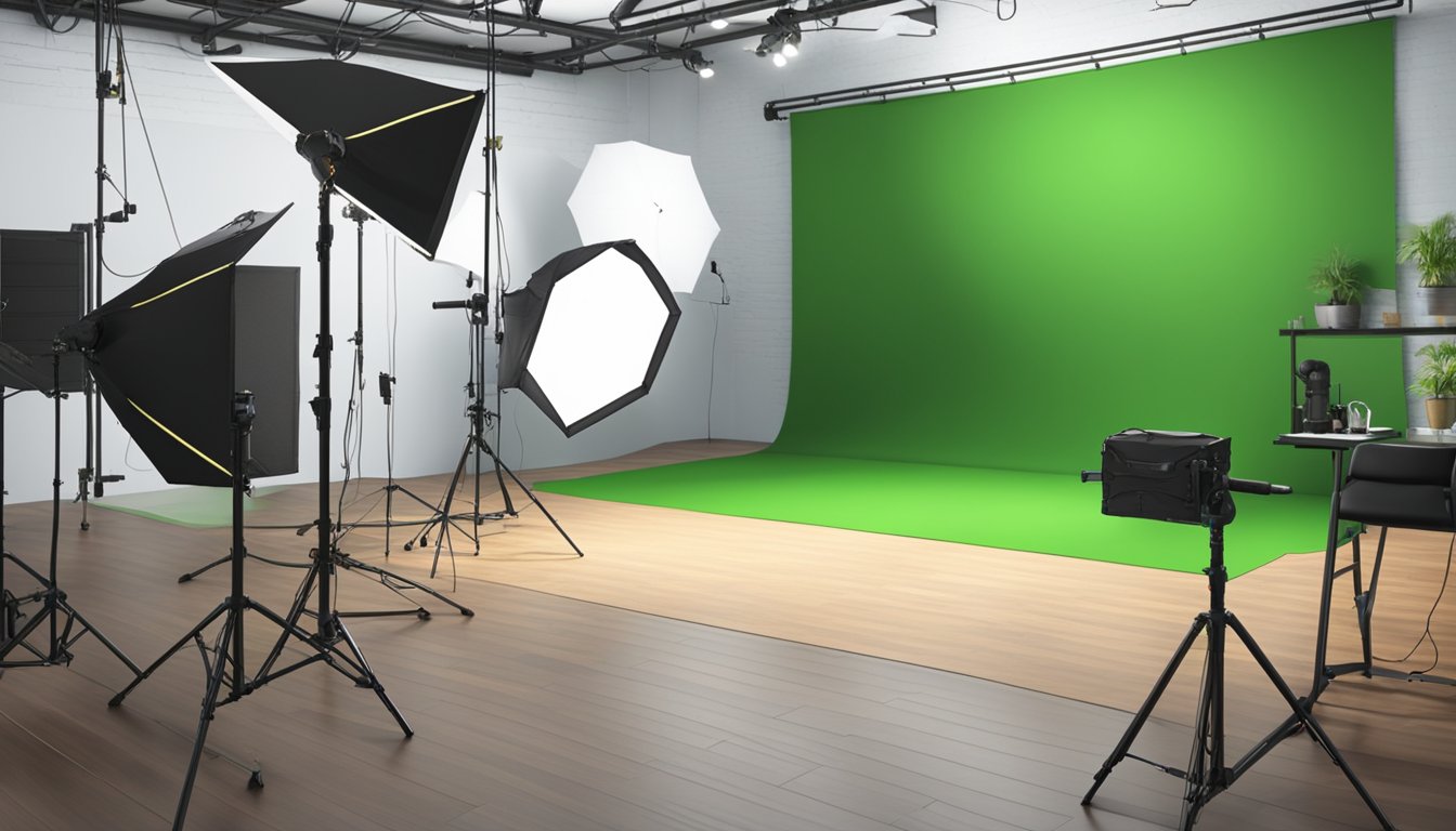 A spacious, well-lit studio with a professional green screen setup and state-of-the-art equipment