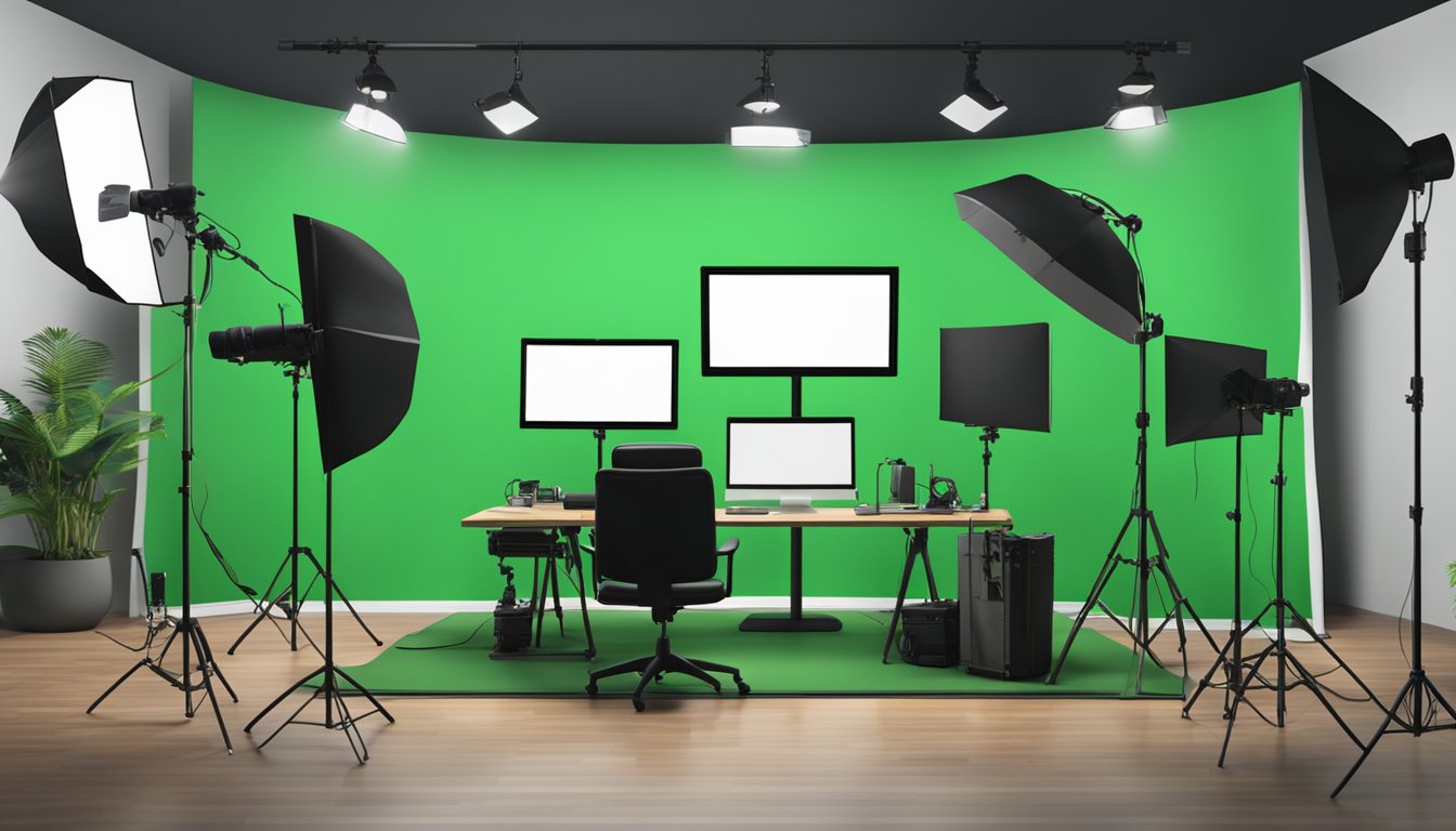 A green screen setup with lighting, camera, and computer equipment. A backdrop and props for filming. Online services for editing and special effects