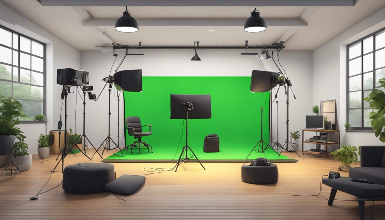 A green screen setup with a camera, lights, and computer equipment in a well-lit studio space