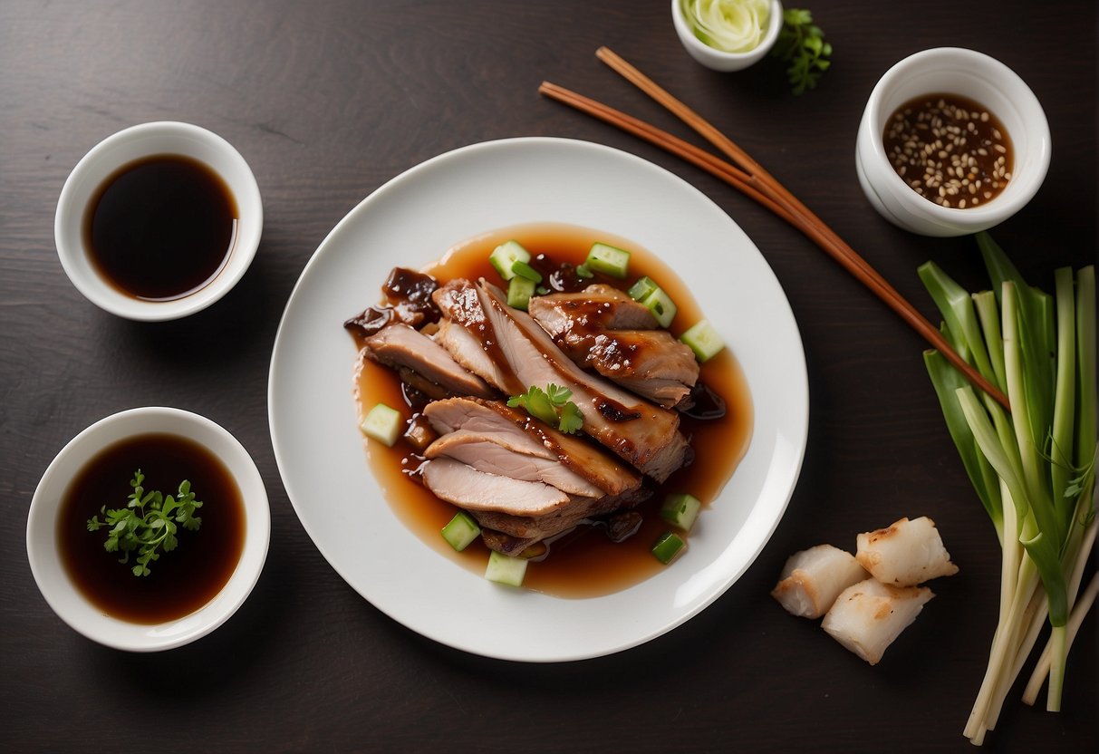 A plate with leftover Chinese roast duck, surrounded by empty soy sauce dishes and chopsticks
