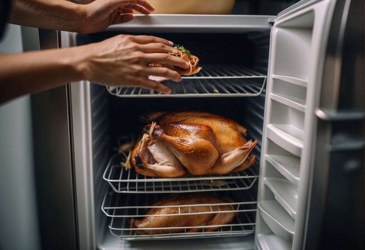 A hand reaches into a fridge, pulling out a container of leftover Chinese roast duck. The container is labeled "Selecting Your Leftover Duck leftover Chinese roast duck recipe."