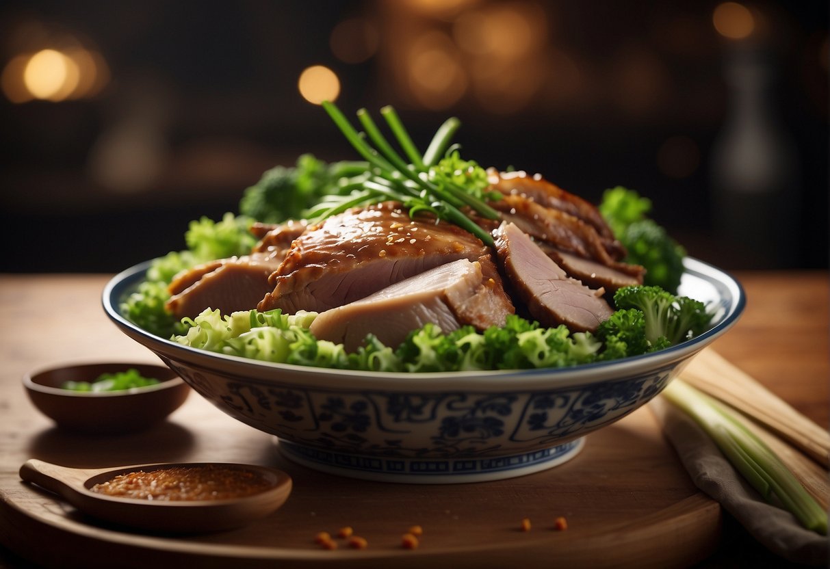 A plate with leftover Chinese roast duck, surrounded by ingredients like soy sauce, ginger, and green onions, ready to be used in classic duck recipes