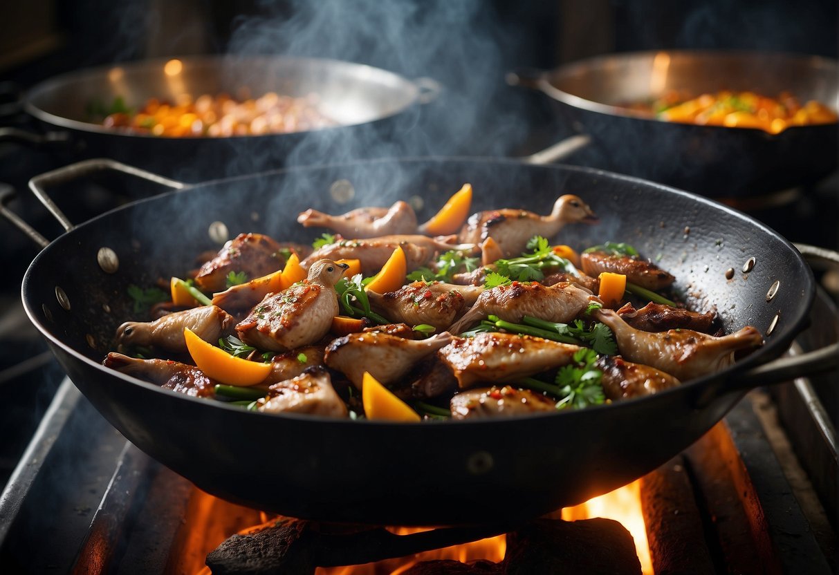 Sizzling duck pieces in a wok with aromatic spices and herbs, releasing a tantalizing aroma